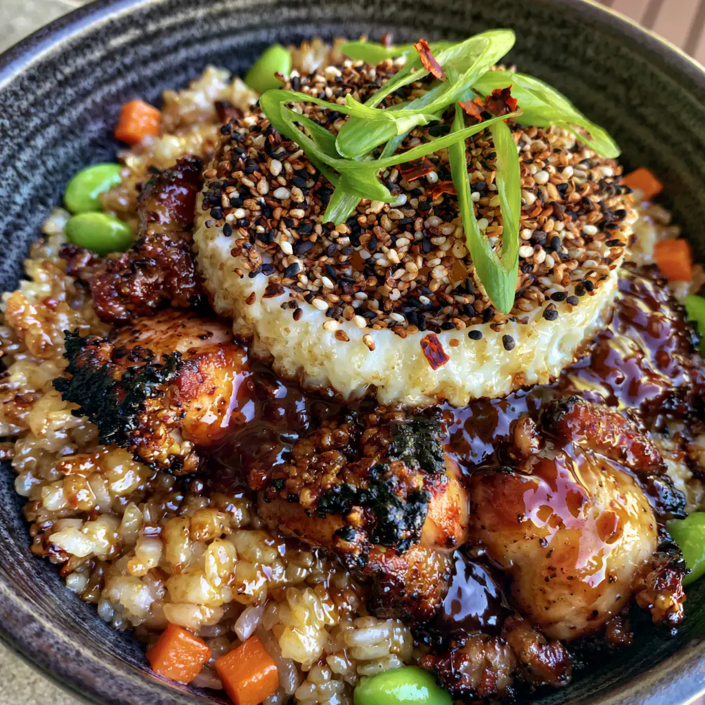 Japanese BBQ Chicken Fried Rice: The Ultimate Umami-Packed Weeknight Dinner 2 Close-up of charred chicken thigh chunks in a mahogany BBQ glaze over glistening golden fried rice.