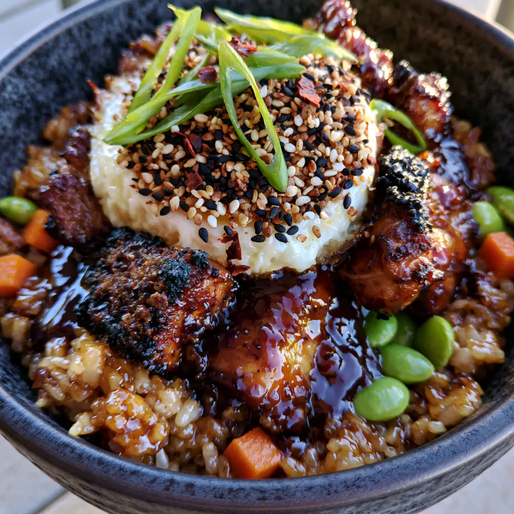 Japanese BBQ Chicken Fried Rice: The Ultimate Umami-Packed Weeknight Dinner 1 Fried rice with bright green edamame, orange carrots, and a perfectly circular runny fried egg.