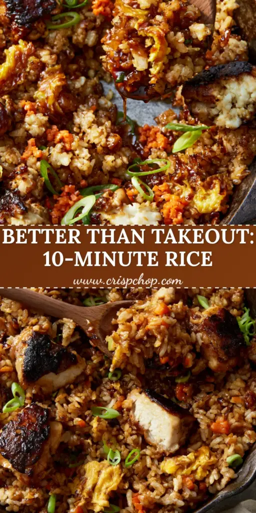 A rustic matte black cast iron skillet filled with Japanese BBQ chicken fried rice, featuring charred chicken thigh chunks, golden egg ribbons, and a glossy amber glaze with a wooden spoon lifting a portion.