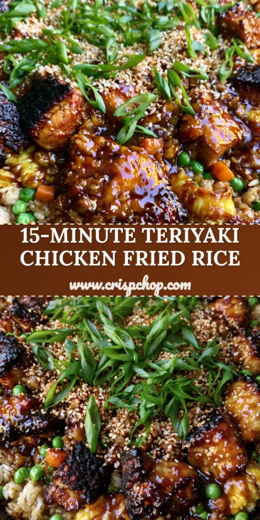 Teriyaki Chicken Fried Rice with Seared Thighs and Glossy Glaze 4 A dark cast iron skillet filled with Teriyaki Chicken Fried Rice featuring seared chicken thighs, green peas, orange carrots, and sesame seeds.