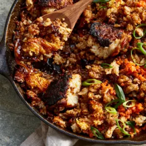 Close-up of seared chicken thigh chunks and glistening short-grain rice in Japanese BBQ chicken fried rice with vibrant green scallions.