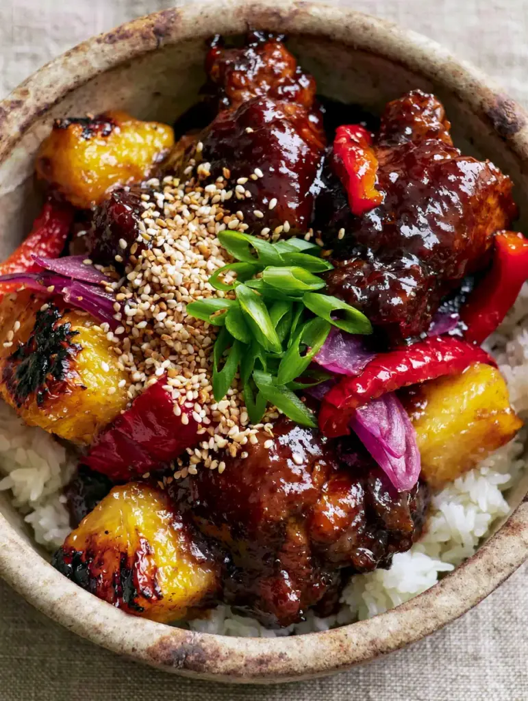 A professional plating of Hawaiian chicken with bright red peppers, purple onions, and a heavy garnish of sesame seeds.