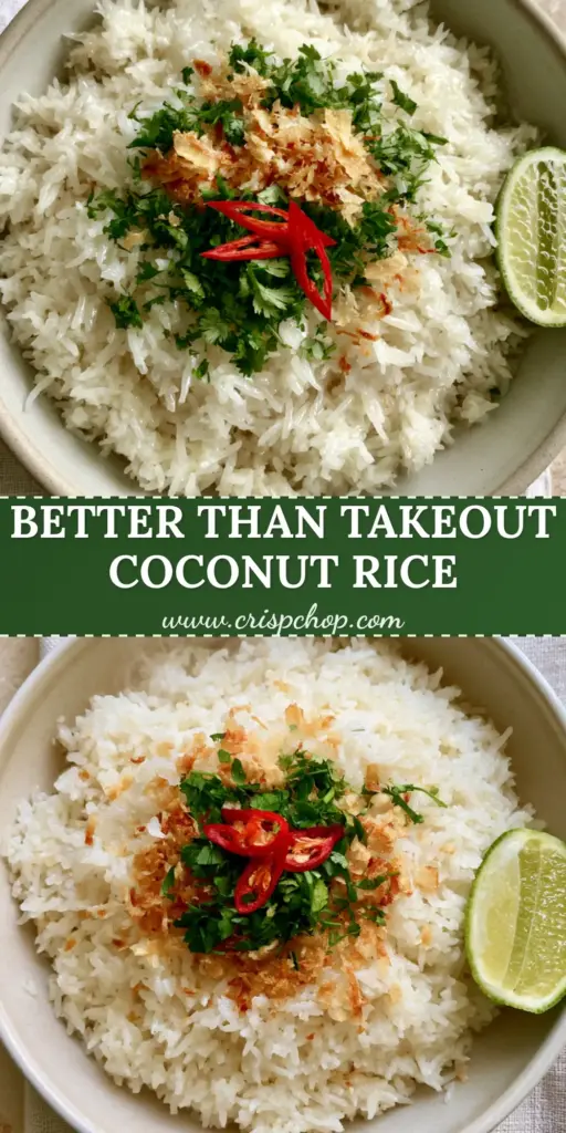Coconut Rice Recipe: The Secret to Fluffy, Fragrant Thai Jasmine Rice 3 A top-down photo of a matte ceramic bowl filled with fluffy jasmine rice topped with toasted coconut, red chili, and cilantro. (Coconut Rice recipe)