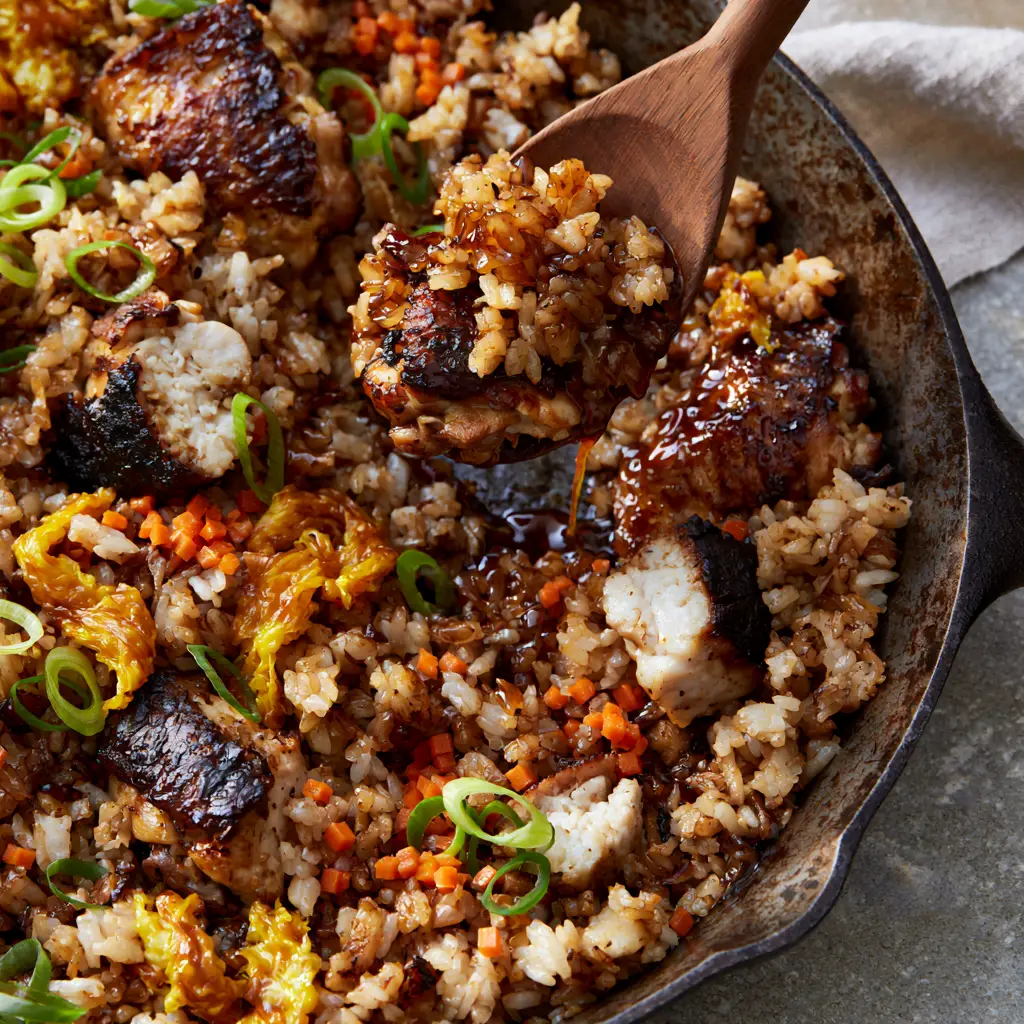 Overhead view of a cast iron skillet with Japanese BBQ chicken fried rice showing steam vapors and micro-diced carrots.