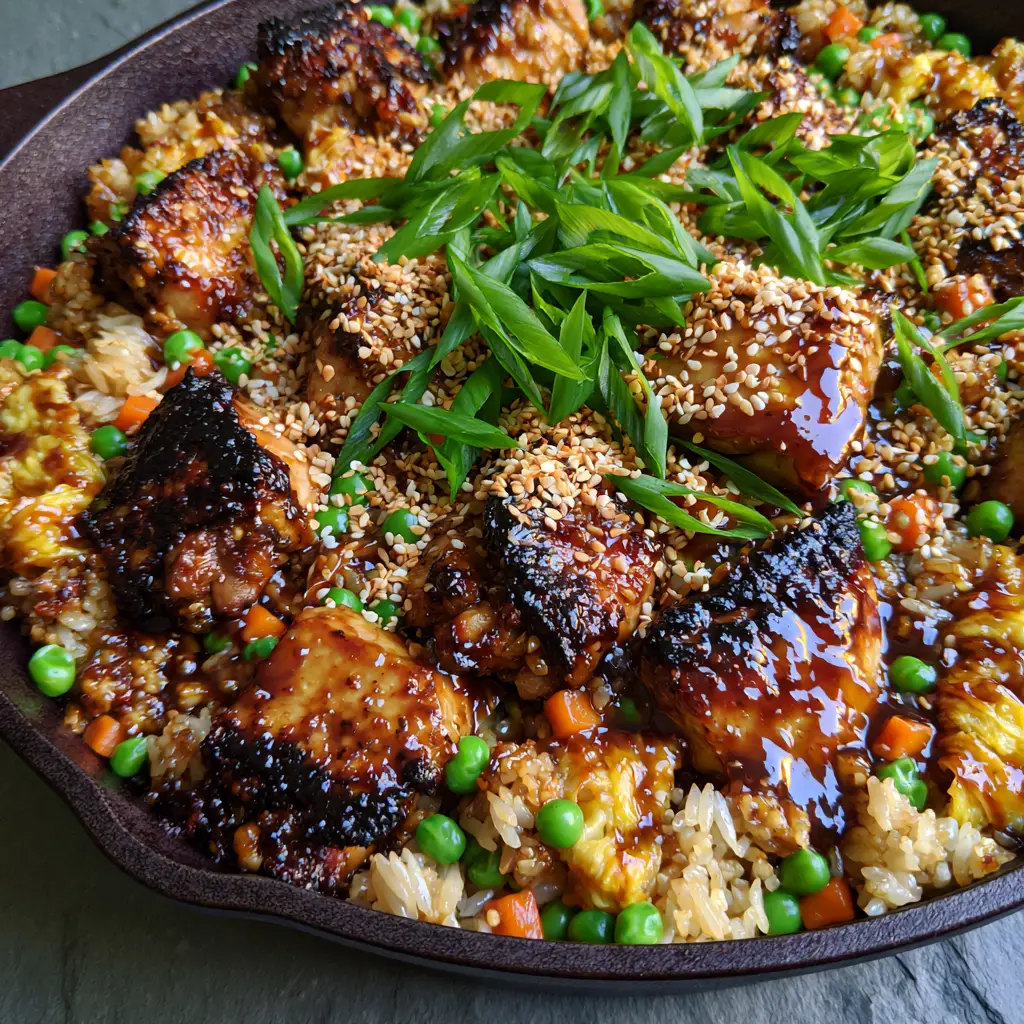 Teriyaki Chicken Fried Rice with Seared Thighs and Glossy Glaze 2 Close-up of Teriyaki Chicken Fried Rice showing juicy seared chicken cubes and individual jasmine rice grains with glossy amber glaze.