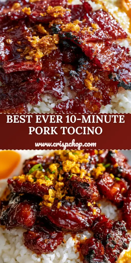 Filipino Pork Tocino: The Ultimate Mahogany Glazed Sweet Cured Pork 3 Extreme close-up of Filipino Pork Tocino with a thick mahogany glaze, charred edges, served over jasmine rice with a runny egg and fried garlic. (Filipino Pork Tocino)