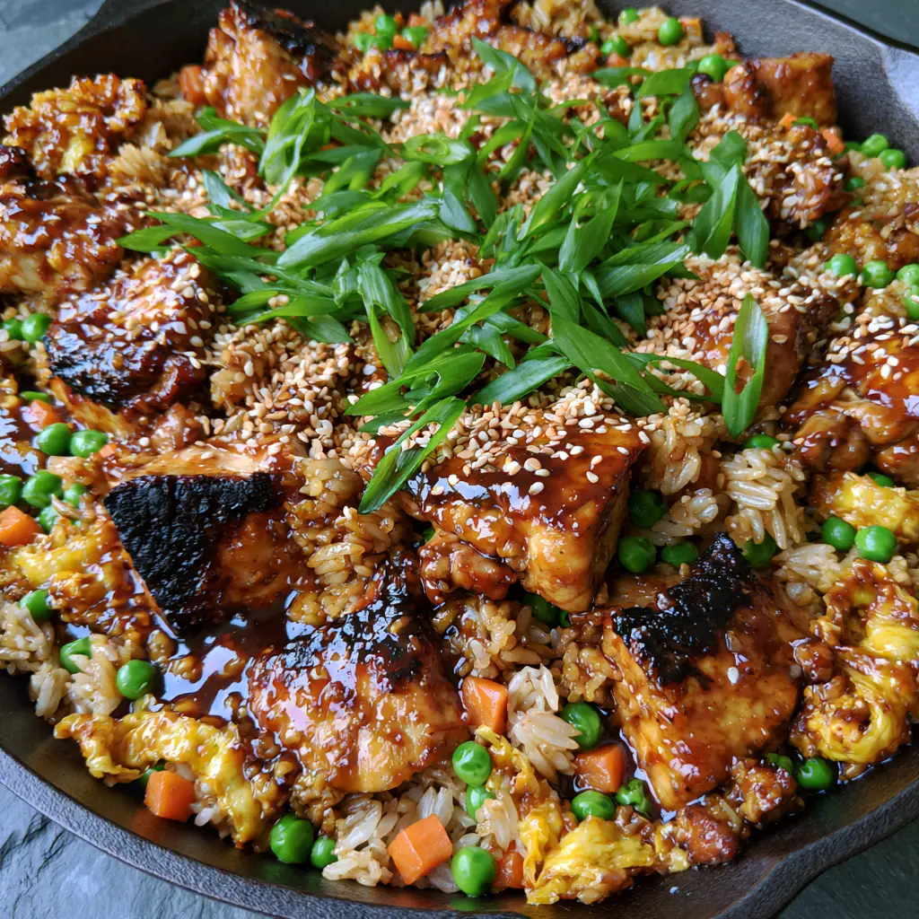 Teriyaki Chicken Fried Rice with Seared Thighs and Glossy Glaze 1 Overhead view of a cast iron skillet with Teriyaki Chicken Fried Rice, garnished with scallions and sesame seeds on a slate countertop.