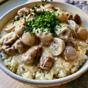Close up detail of ivory pork chunks coated in a glossy white cream sauce for Blanquette de Porc.