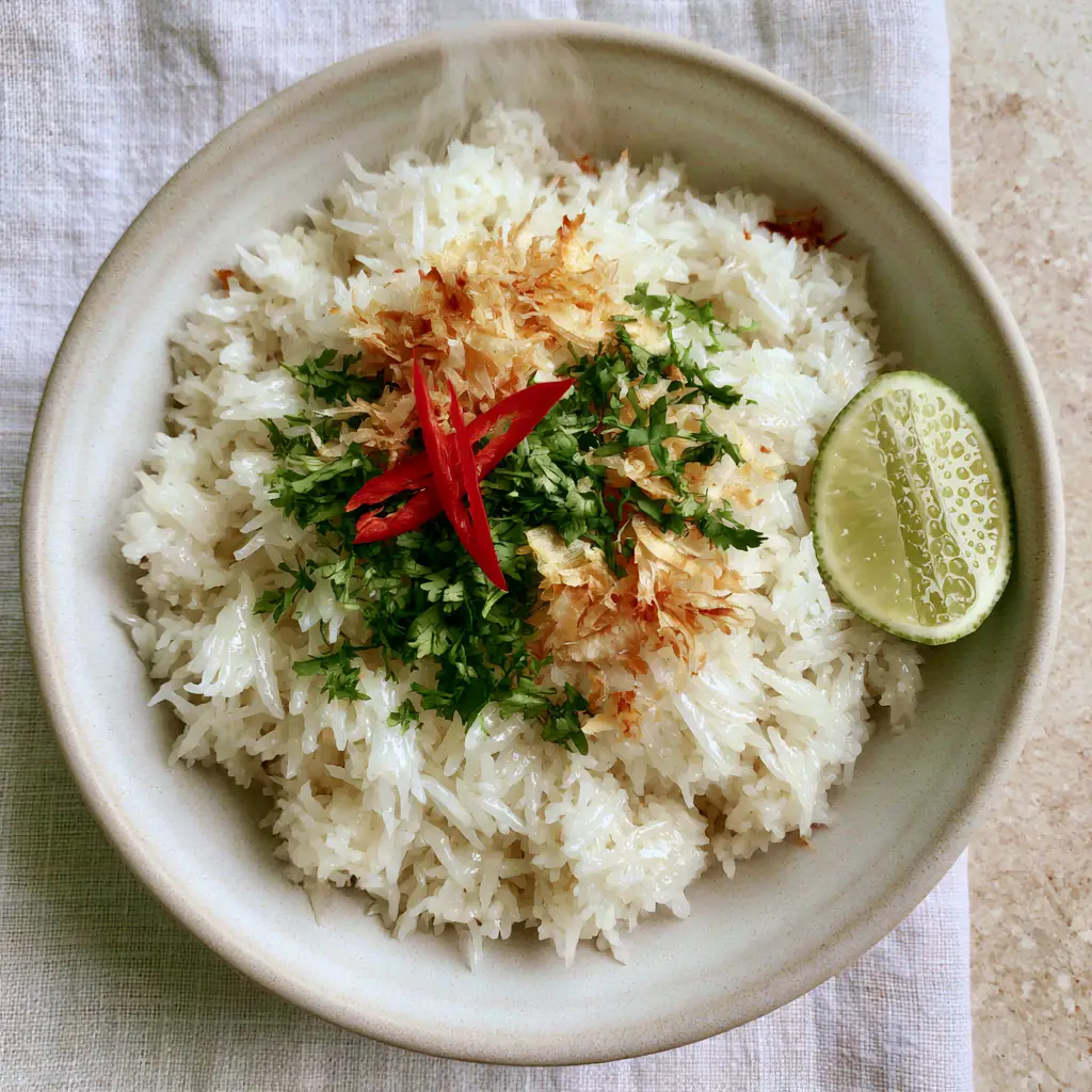 Coconut Rice Recipe: The Secret to Fluffy, Fragrant Thai Jasmine Rice 1 Smartphone photo of coconut rice in a minimalist bowl with steam rising, garnished with cilantro and lime.