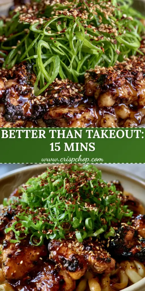 Asian Dinner Recipes: Honey Soy Charred Chicken Udon 3 A close-up vertical shot of Honey Soy Charred Chicken Udon with steam rising, glossy noodles, and fresh scallions. (Asian Dinner Recipes)