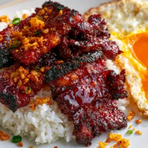 Sizzling slices of Filipino Pork Tocino showing syrupy texture and crispy charred edges in a skillet. (Filipino Pork Tocino)