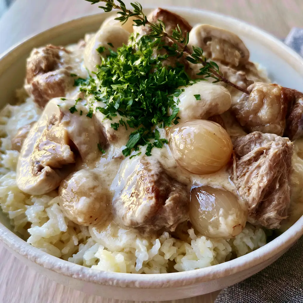 Overhead view of Blanquette de Porc featuring glazed pearl onions and fresh parsley garnish.