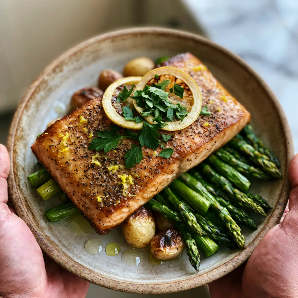 Lemon pepper salmon with Blistered Baby Potatoes and Roasted Asparagus 2 Top-down handheld photo of Lemon pepper salmon fillet with golden crispy skin, heavy black pepper seasoning, and roasted asparagus.
