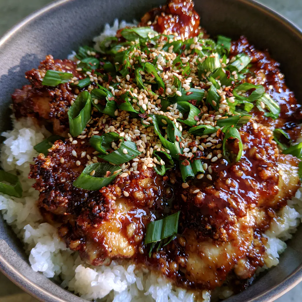 Asian Dinner Recipes: The Ultimate Glossy Honey Garlic Chicken Bowls 2 Macro top-down view of seared chicken chunks in a thick honey-soy glaze with garlic bits and scallions. (Asian dinner recipes)