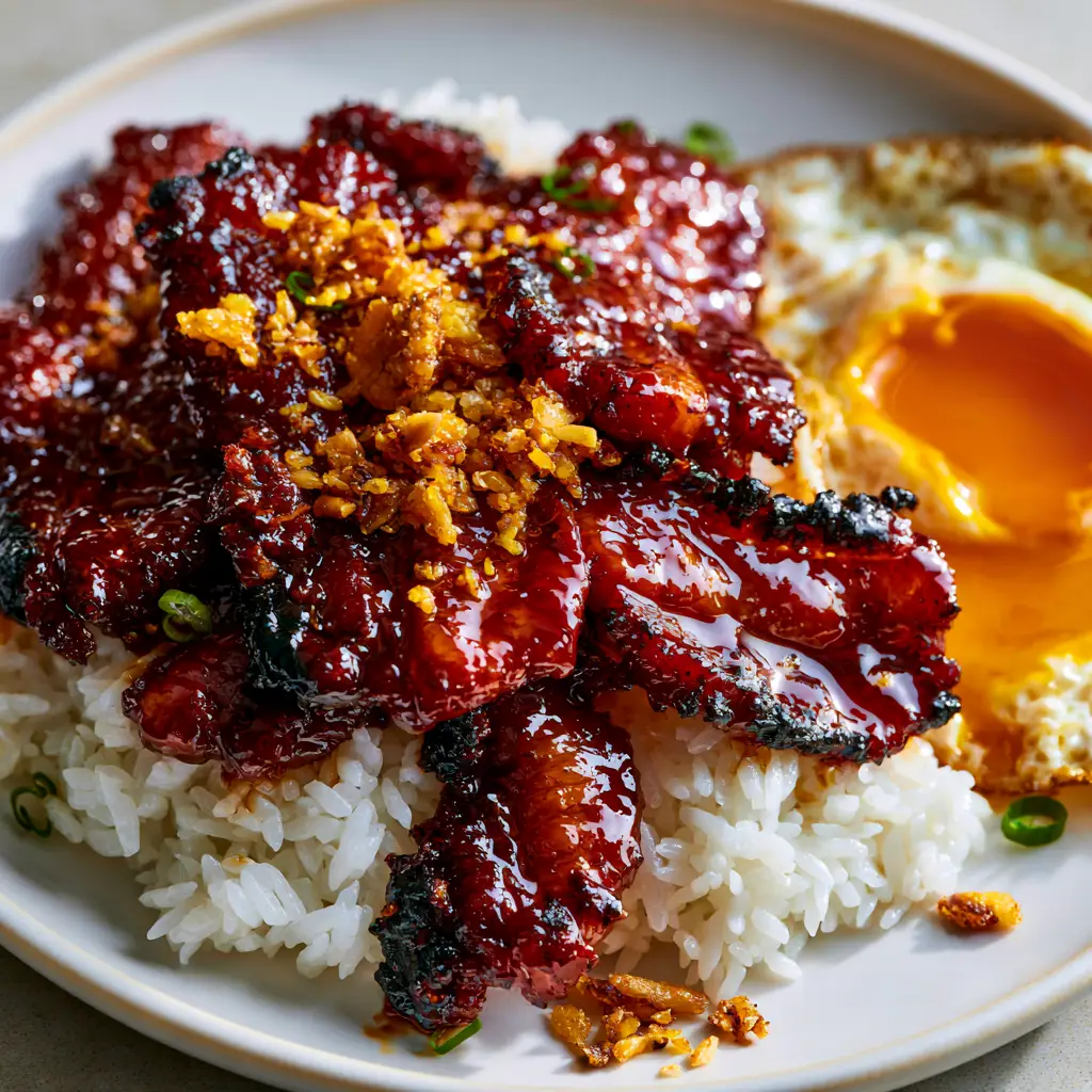 Filipino Pork Tocino: The Ultimate Mahogany Glazed Sweet Cured Pork 1 A close-up shot of a fork lifting a piece of mahogany Filipino Pork Tocino with runny egg yolk. (Filipino Pork Tocino)
