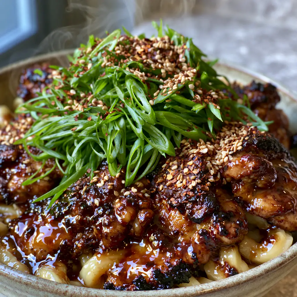 Asian Dinner Recipes: Honey Soy Charred Chicken Udon 2 Extreme close-up of thick wheat udon noodles and charred chicken thigh pieces in a dark amber glaze. (Asian Dinner Recipes)