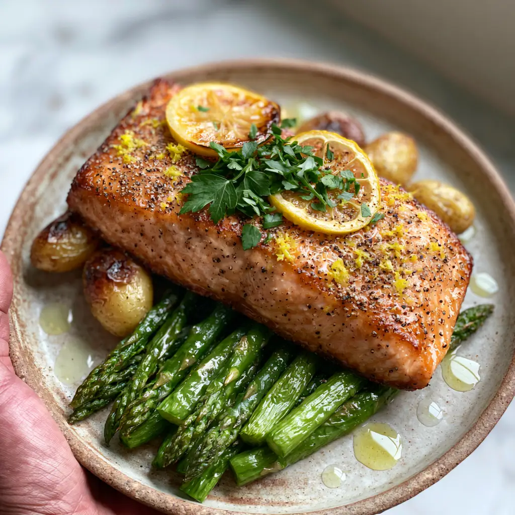 Lemon pepper salmon with Blistered Baby Potatoes and Roasted Asparagus 1 Close-up of the buttery lemon glaze and coarse black pepper on a Lemon pepper salmon fillet.