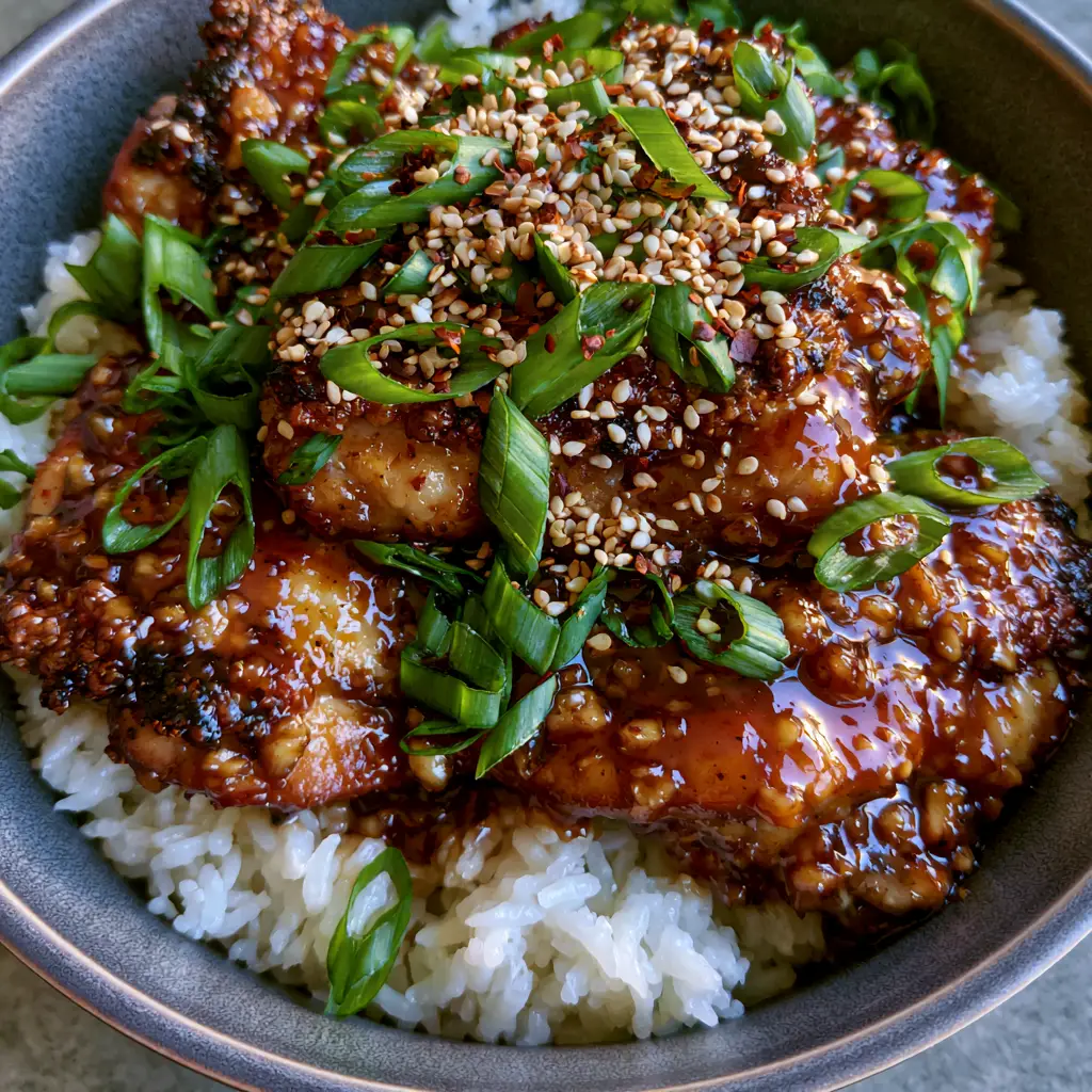 Asian Dinner Recipes: The Ultimate Glossy Honey Garlic Chicken Bowls 1 Honey Garlic Chicken served in a matte charcoal-grey ceramic bowl with steaming jasmine rice. (Asian dinner recipes)
