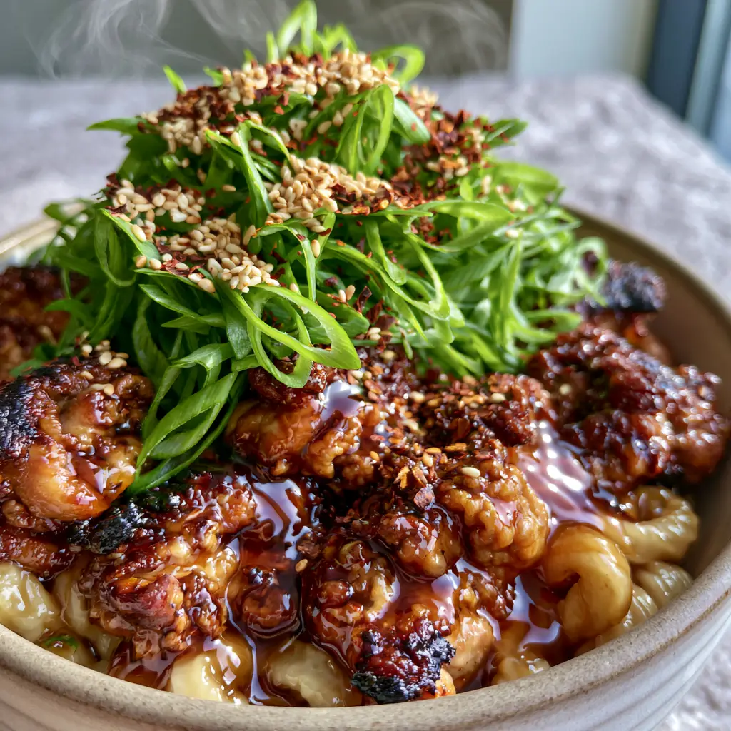 Asian Dinner Recipes: Honey Soy Charred Chicken Udon 1 Overhead view of a ceramic bowl filled with glossy udon, seared chicken, and a dense dusting of sesame seeds and red chili flakes.