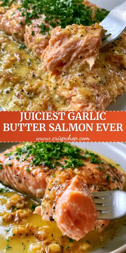 Baked Salmon with Glistening Garlic Butter and Fresh Parsley 4 A close-up shot of a succulent Baked Salmon fillet topped with garlic butter and parsley on a white plate.