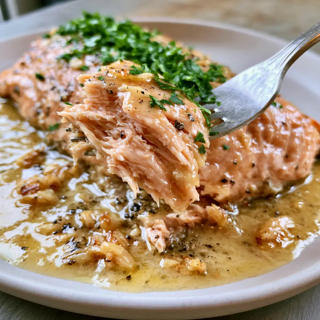 Baked Salmon with Glistening Garlic Butter and Fresh Parsley 2 Extreme close-up of thick Atlantic Baked Salmon with glossy garlic butter sauce and minced garlic bits.
