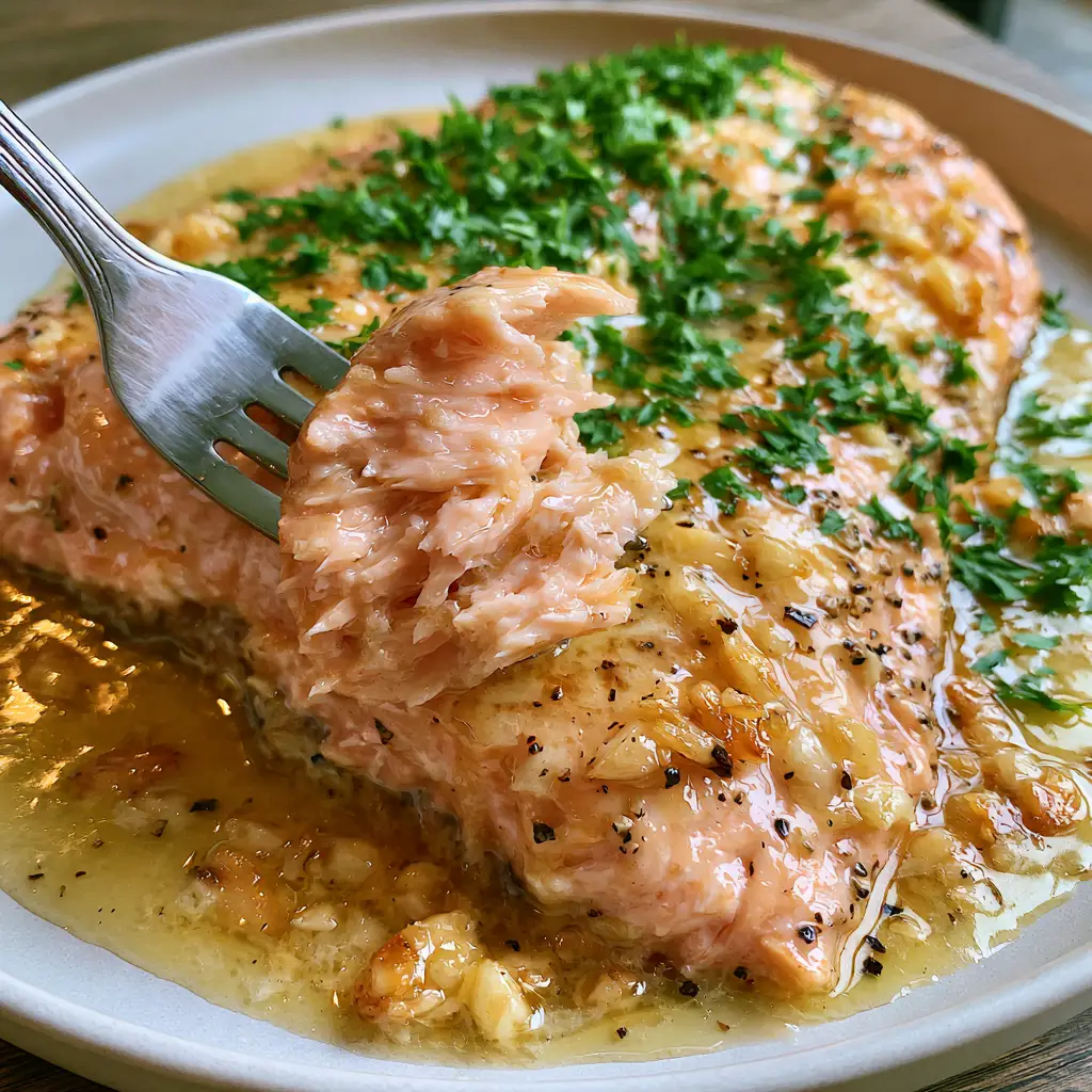 Baked Salmon with Glistening Garlic Butter and Fresh Parsley 1 A silver fork lifting a large, tender chunk of roasted Baked Salmon showing the succulent interior.