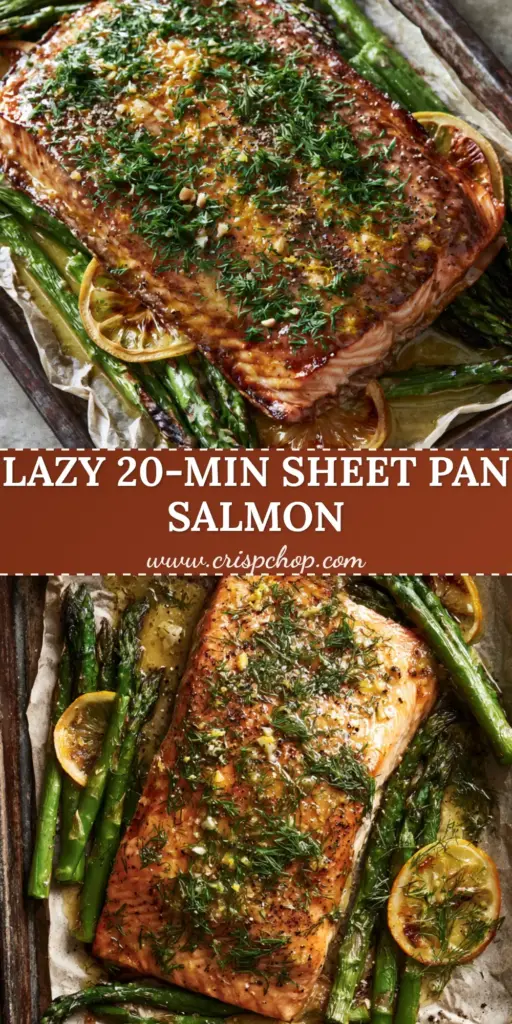 Sheet pan lemon garlic butter salmon with Charred Asparagus 4 A rustic dark metal sheet pan featuring a large, flaky Atlantic salmon fillet glazed in garlic butter next to charred asparagus and roasted lemon slices. (Sheet pan lemon garlic butter salmon)