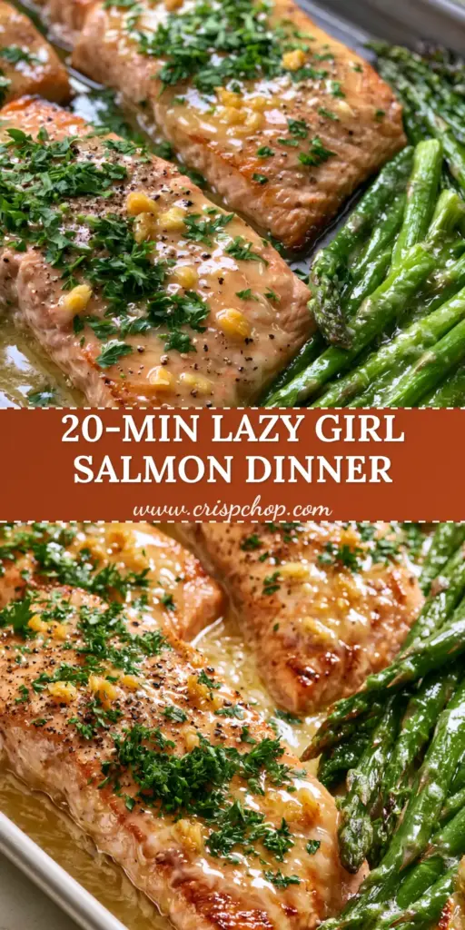 A sheet pan featuring four Garlic butter baked salmon fillets with seared edges, glistening glaze, and charred asparagus spears.