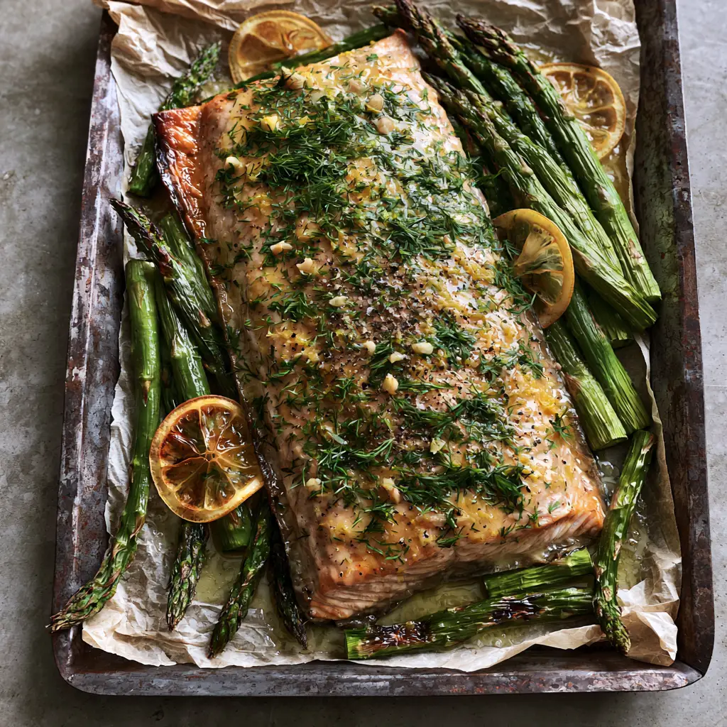 Sheet pan lemon garlic butter salmon with Charred Asparagus 2 Top-down view of a salmon fillet with glistening garlic butter glaze and vibrant green charred asparagus on crumpled parchment. (Sheet pan lemon garlic butter salmon)