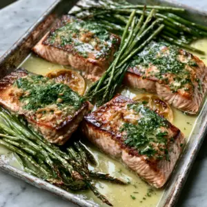 A 45-degree angle shot of succulent salmon fillets with golden-brown edges and charred asparagus tips on a silver sheet pan. (Baked salmon with lemon butter cream sauce)