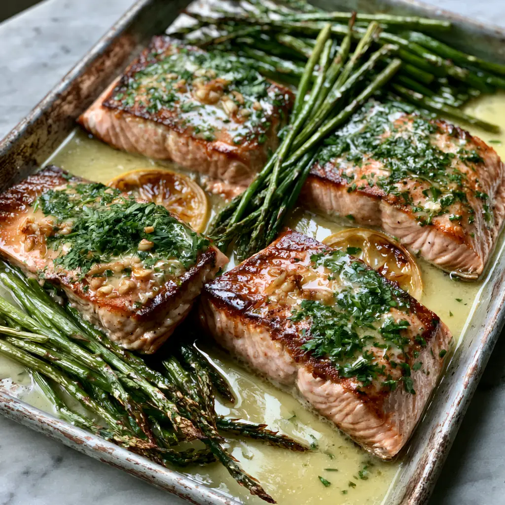 Baked salmon with lemon butter cream sauce: The Ultimate Sheet Pan Guide 2 A 45-degree angle shot of succulent salmon fillets with golden-brown edges and charred asparagus tips on a silver sheet pan. (Baked salmon with lemon butter cream sauce)