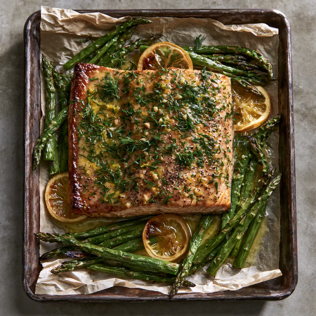 Sheet pan lemon garlic butter salmon with Charred Asparagus 1 Handheld smartphone photo of Sheet pan lemon garlic butter salmon on a concrete countertop with natural morning light highlights.