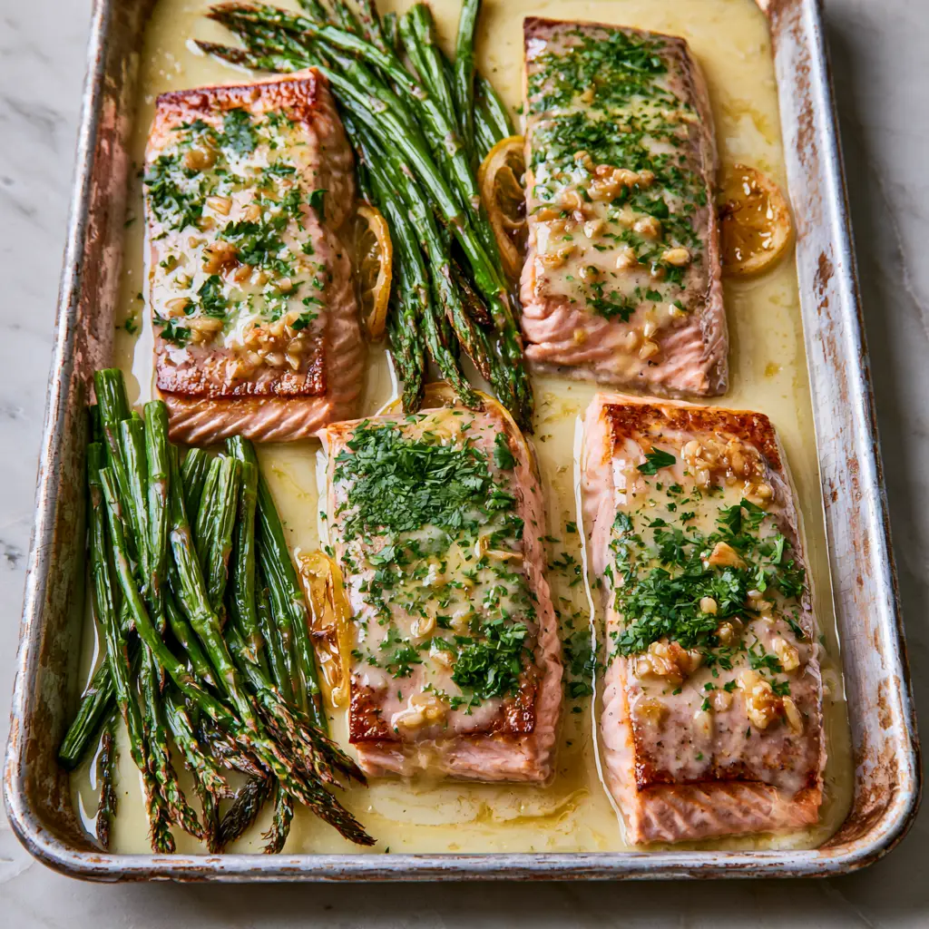 Baked salmon with lemon butter cream sauce: The Ultimate Sheet Pan Guide 1 Close-up of thick, glossy, pale-yellow garlic lemon butter sauce pooling around salmon and caramelized lemon wheels. (Baked salmon with lemon butter cream sauce)