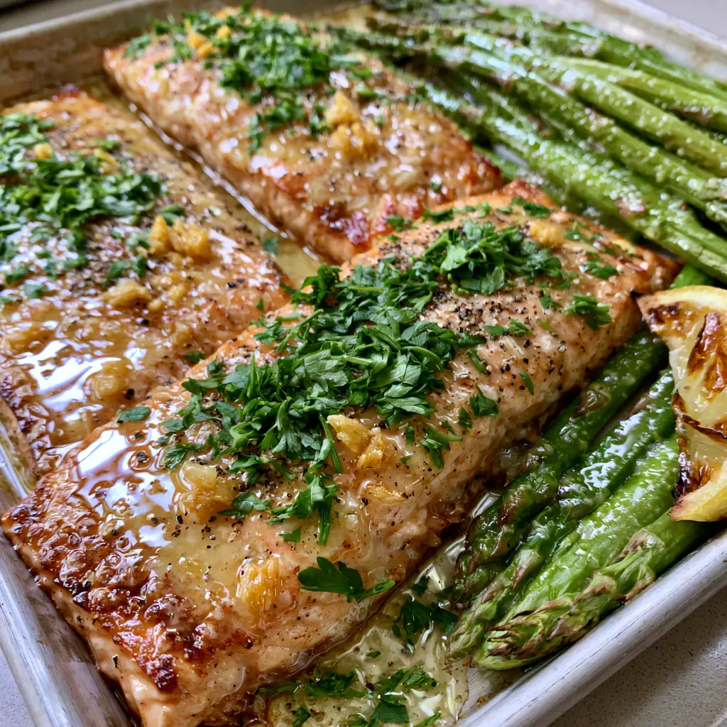 High-angle shot of a sheet pan with salmon and charred asparagus spears and caramelized lemon wedges.