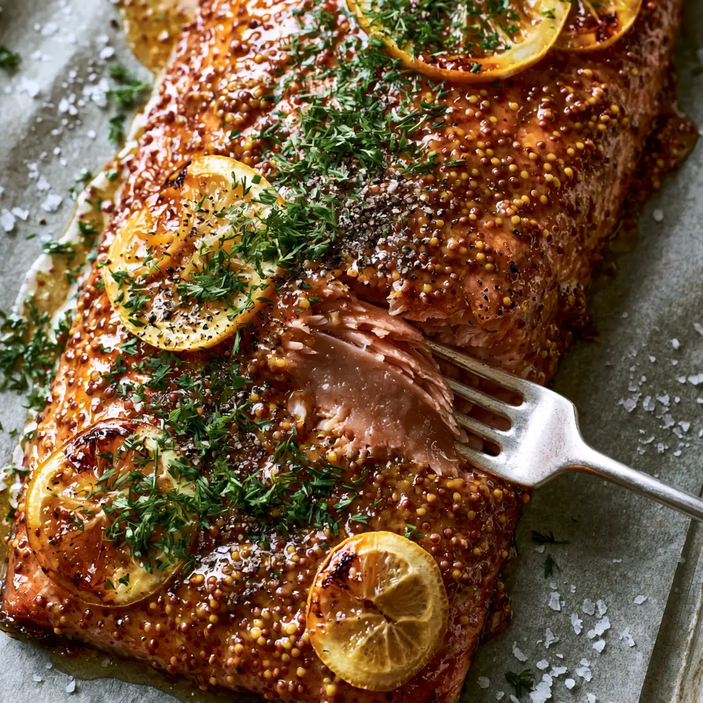 Baked Dijon Salmon with Honey and Charred Lemon 1 Top-down view of baked dijon salmon on grey parchment paper featuring charred lemon slices and visible mustard seeds.
