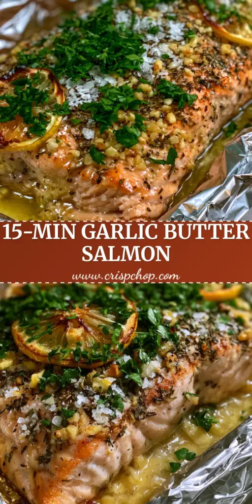 Close-up of a juicy Baked Salmon in Foil packet with melted garlic butter and charred lemon slices.