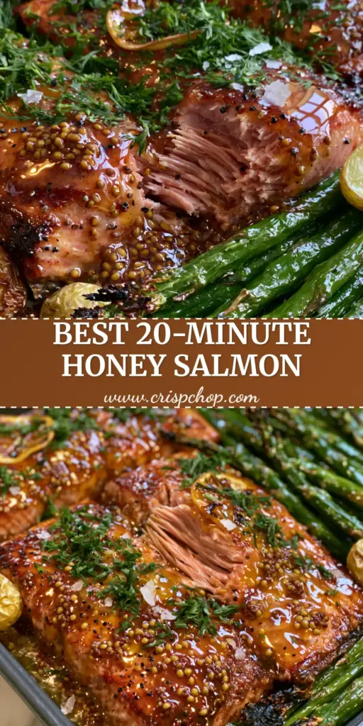 A overhead shot of Honey Dijon Baked Salmon on a sheet pan with roasted asparagus and gold potatoes, garnished with dill and lemon.