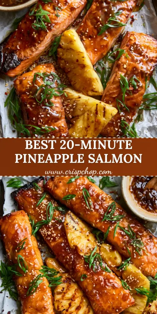 A top-down aesthetic food photography shot of Baked Pineapple Salmon on a rustic dark metal pan with bubbling honey garlic glaze, charred pineapple, and fresh green onions.