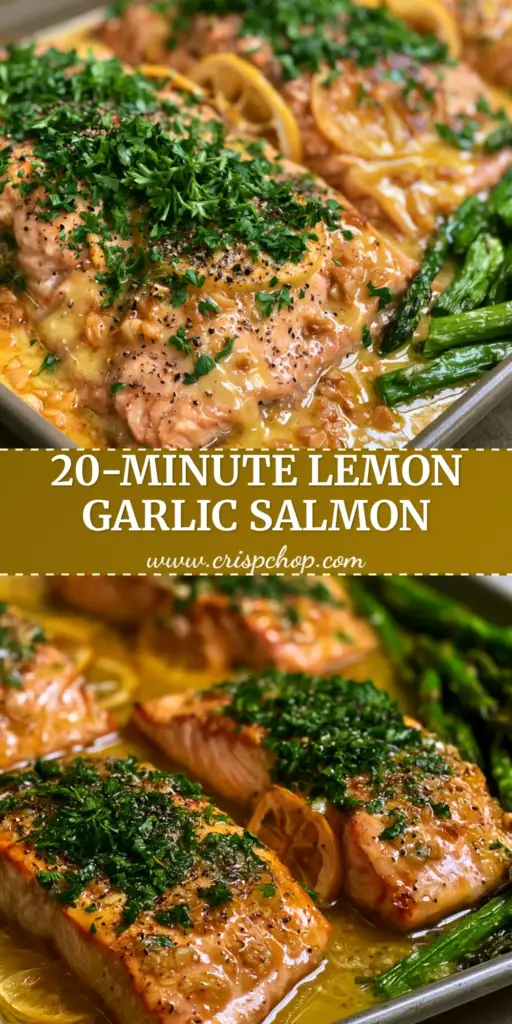 A rustic rimmed baking sheet with three flaky lemon garlic baked salmon fillets, glistening sauce, and blistered asparagus in natural daylight.