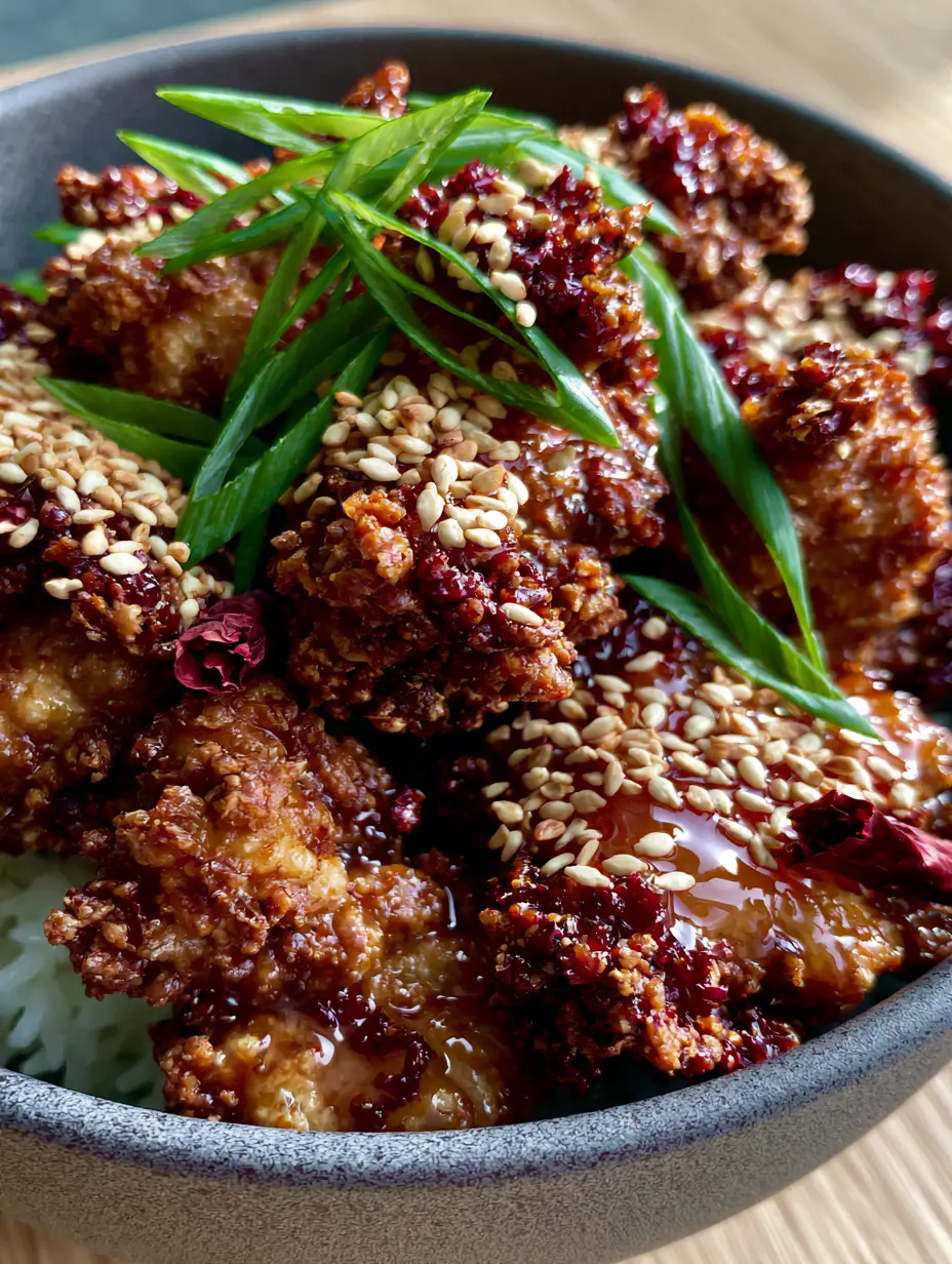 General Tso's chicken: The Ultimate Extra-Crispy Air Fryer Recipe 4 Macro view of air-fried General Tso's chicken pieces showing the irregular crispy texture and ivory sesame seeds. (General Tso's chicken)