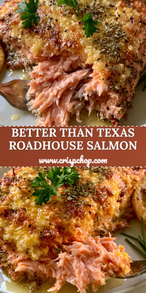 A close-up of Texas Roadhouse Style Baked Salmon with a bubbling golden herb butter crust, charred lemon, and fresh rosemary on a white plate.