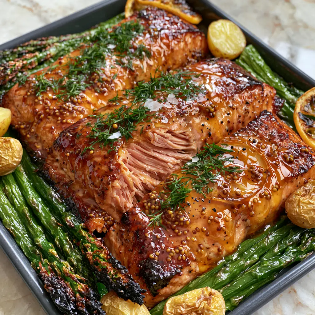High angle 45-degree view of a sheet pan containing honey dijon salmon, crispy potatoes, and asparagus tips.