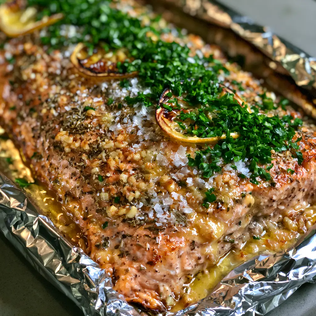 Visual cue of charred lemon wheels and minced garlic bits on top of the Baked Salmon in Foil.