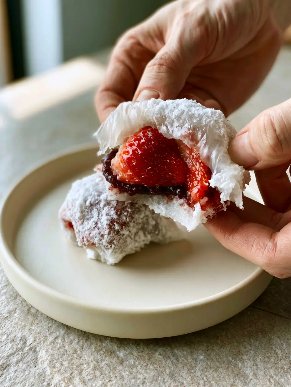Two hands pulling apart elastic, translucent Mochi dough dusted with fine white cornstarch.