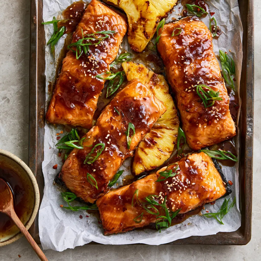 Overhead view of a rustic metal sheet pan with Baked Pineapple Salmon, scallions, sesame seeds, and a side of extra glossy sauce.