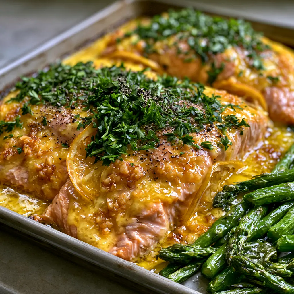 Full sheet pan of lemon garlic baked salmon featuring charred lemon slices and bright green blistered asparagus spears.