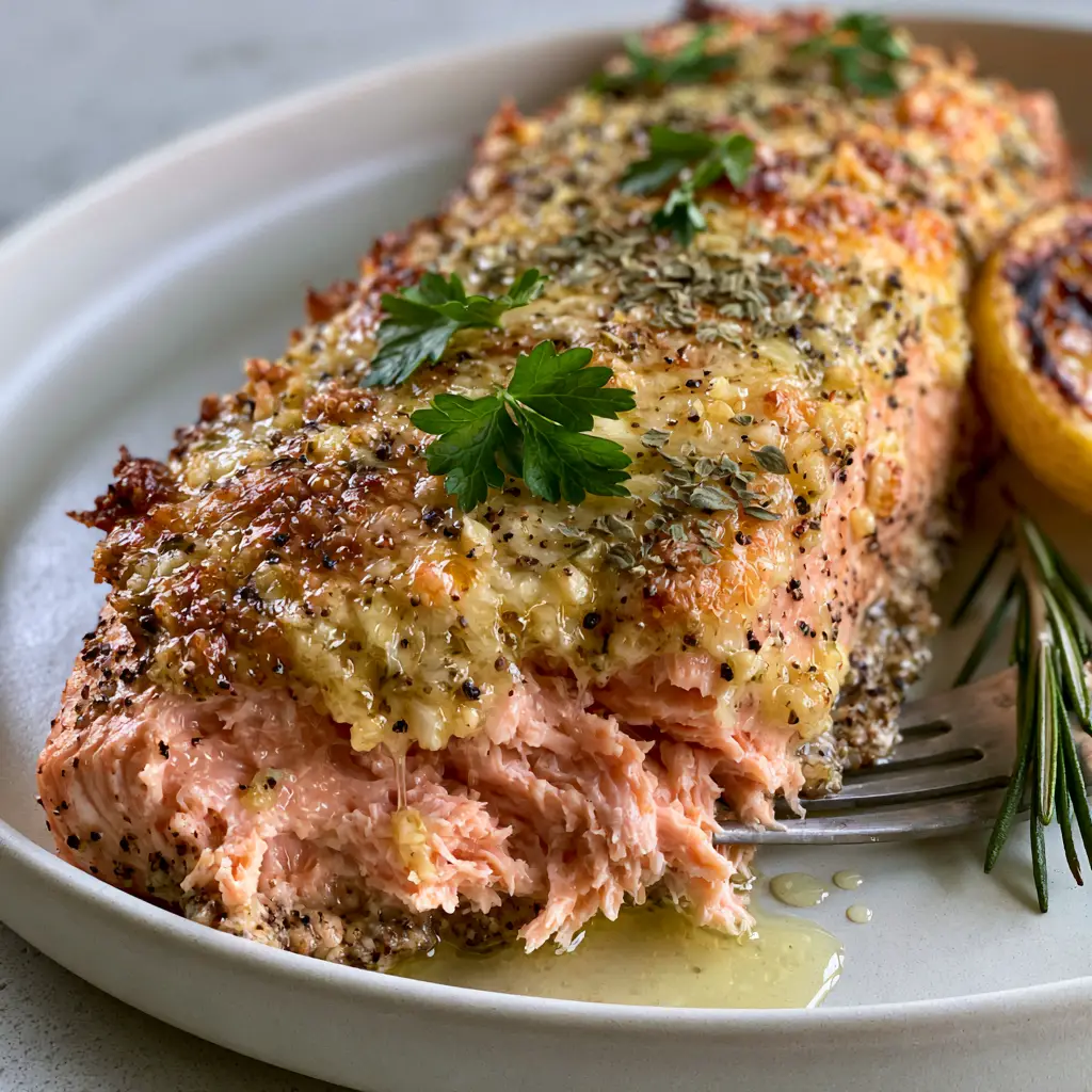 Close-up of the bubbling lemon herb butter crust on a Texas Roadhouse Style Baked Salmon fillet.