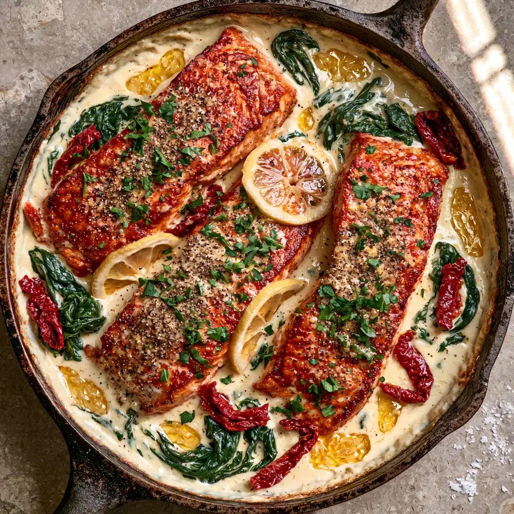 Overhead view of Baked Salmon with Spinach showing shimmering pools of garlic butter and ruby-red sun-dried tomatoes.