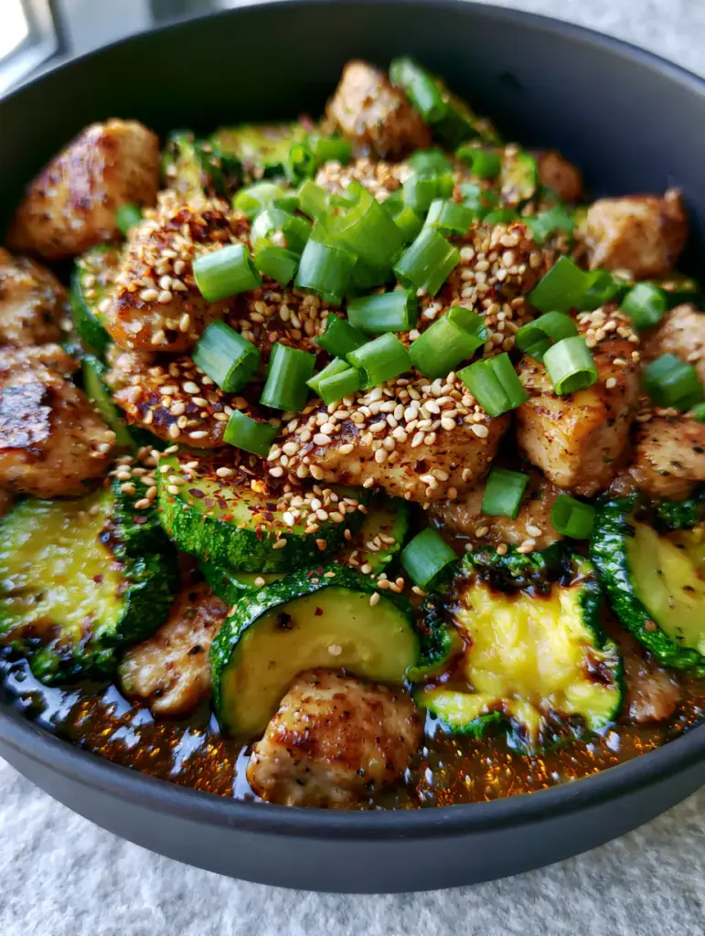 Chicken Zucchini Stir Fry with a Shimmering Garlic Ginger Glaze 2 Close-up of seared chicken breast chunks and blistered zucchini half-moons coated in a shimmering ginger-garlic glaze. (Chicken Zucchini Stir Fry)