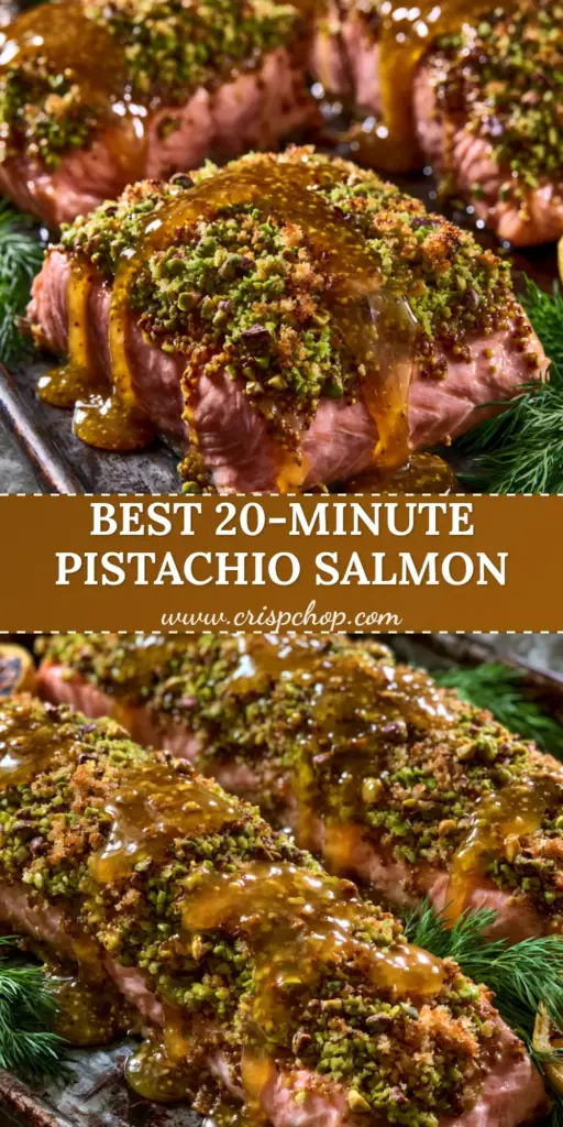 A top-down angled photo of Baked Salmon with Pistachio Crust on a dark sheet pan with charred lemons and dill.